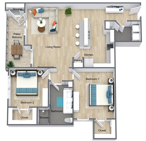 Floor plan for 2 beds, 2 baths, 1041 sqft